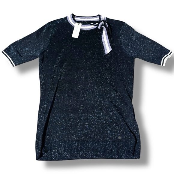 Anthropologie NUMPH Sparkly Navy with White Accents Short Sleeve Tie Collar Top - Picture 12 of 16